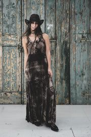 RHODA CARPET SP LONG DRESS WITH DEVORE DETAILS 78% VISCOSE 13% PA 9% EL