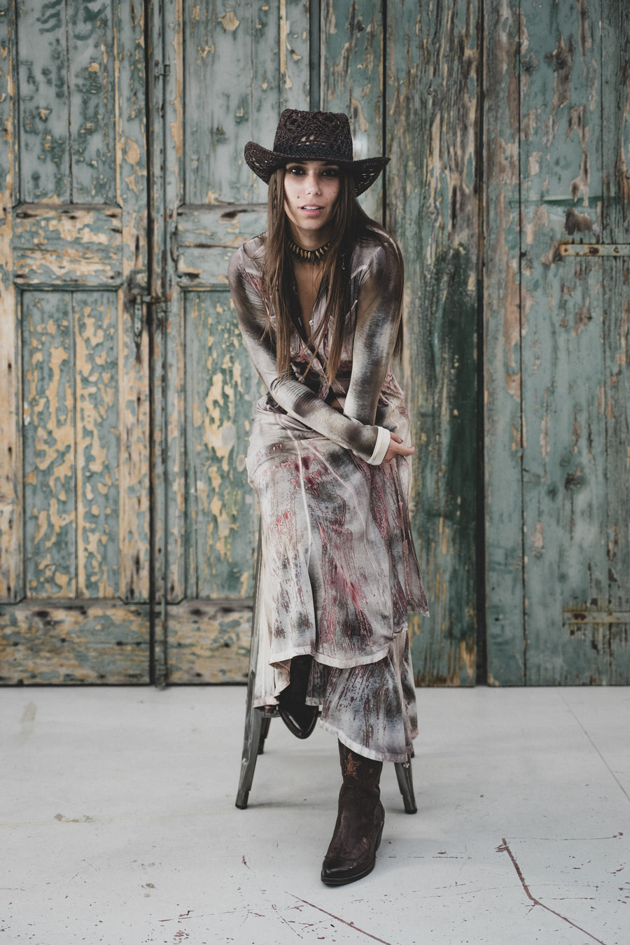 TEXAS LONG SP LONG SHIRT WITH DEVORE DETAILS HAND DYED 78% VI 13% PA 9% EL
